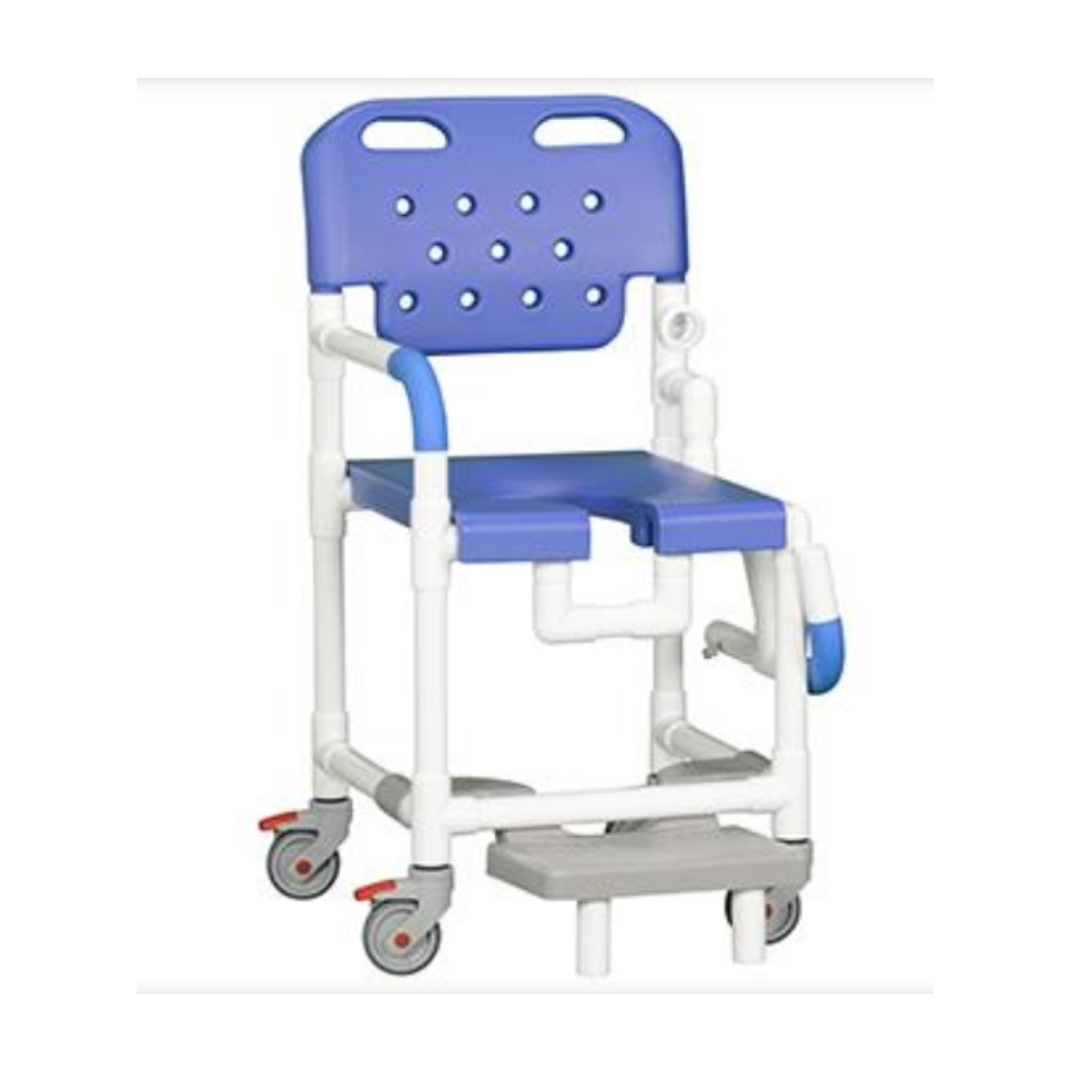 The IPU Platinum PVC Shower Chair features a blue and white design with a backrest, drop arm, split seat, slideout footrest, four caster wheels, and open-front access for enhanced bathroom mobility and accessibility.